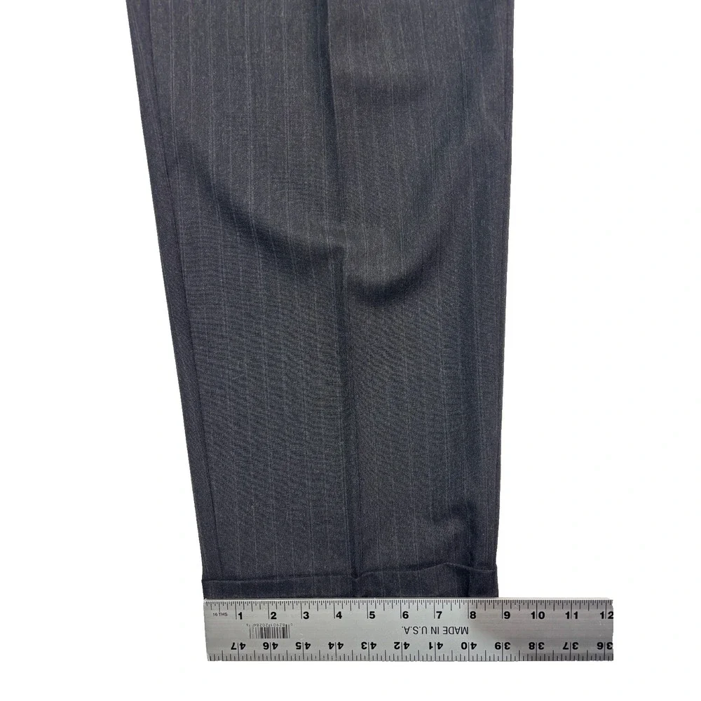 vtg 90s Double Breasted 42L 36x33 Gray Stripe 2pc Pant Suit Wool Profilo Pleated